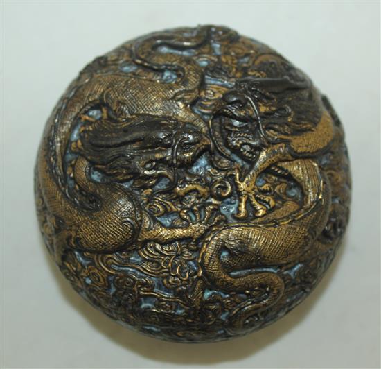 A Chinese gilt decorated robins egg glazed dragon seal paste box and cover, 7.7cm, damage